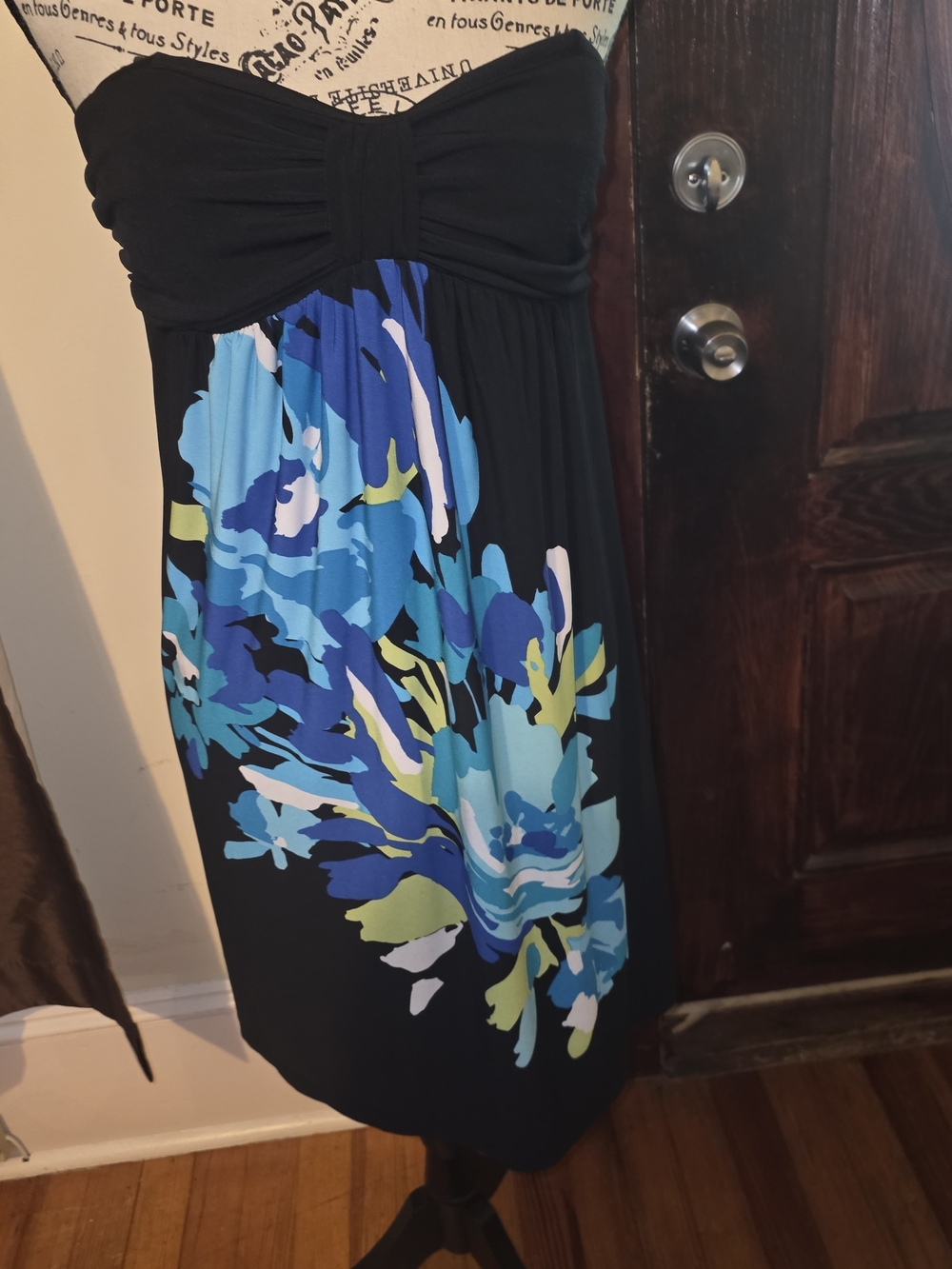 Iz Byer Black Strapless Dress with Blue & Aqua Floral Print Medium